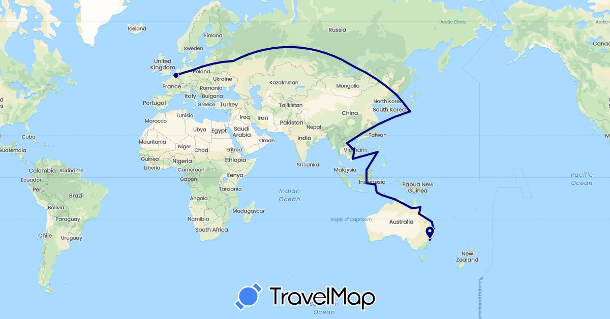 TravelMap itinerary: driving in Australia, Belgium, Brunei, Germany, Indonesia, Japan, Laos, Philippines, Russia, Vietnam (Asia, Europe, Oceania)